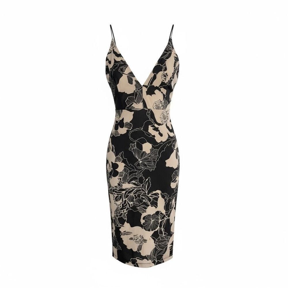 Floral Sleeveless Midi Bodycon Dress Black Tan Size Large
